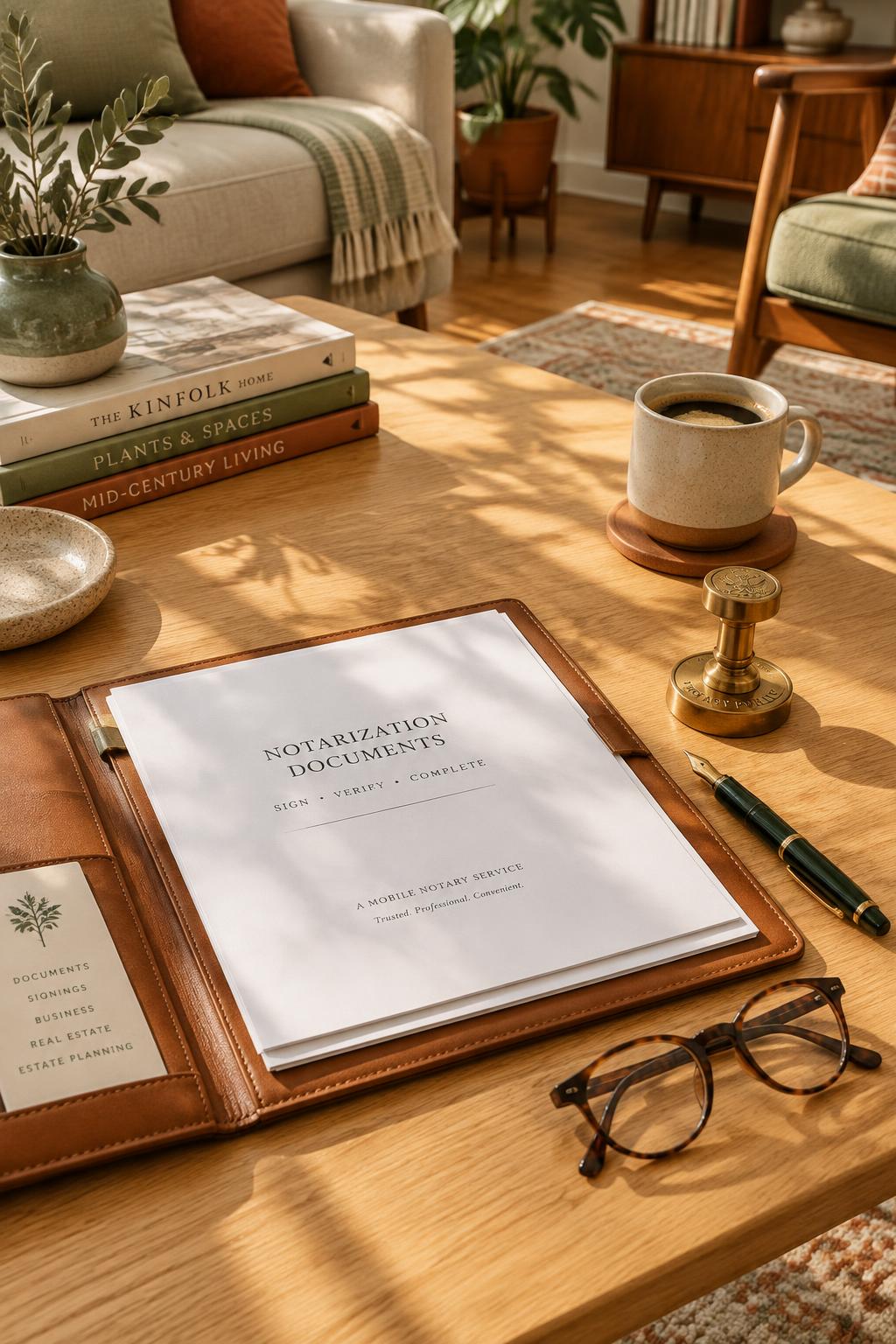 A tidy mobile notary setup with documents, a leather folder, a brass seal and a warm cup of coffee